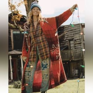 Free People Flurry Cardi Maxi Open Front Sweater Mix Knit Orange Brown